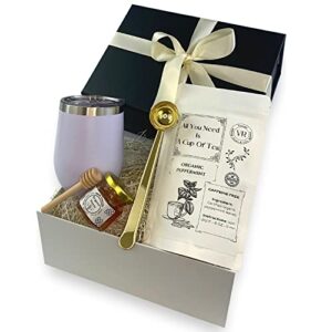 TEA LOVER Gift BOX | TUMBLER GIFT SET | TEA GIFT BASKET | Hot & Cold Tumbler 12 OZ, Measuring clipping spoon and option of Organic Coffee and Organic Tea available (TEA gift set - WHITE)