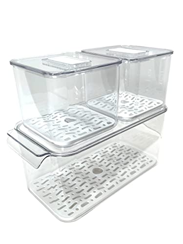 3 Pcs Plastic Refrigerator Food Storage Containers - Clear Organizer Bins W/Removable Drain Tray, Stackable Vented Lids, Fruit & Vegetables Fridge Organizers & Storage Clear for Pantry & Freezer