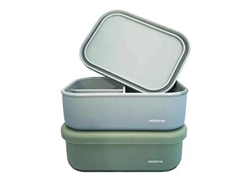 WEEILYAM, Light Blue 3-Compartment Silicone Bento Box Flexible Leakproof Design Container for Lunch and Meals on the Go