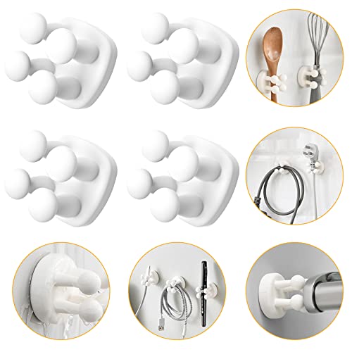 4 Pack Self Adhesive Hooks Holders,Silicone Decoration Hooks Stick to Wall Door,for Hanging Towel Key Clothes Plug Cable,Functional Utility Holders Wide Use for Hanging Bathroom (White)