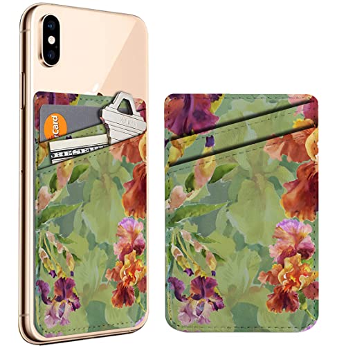 Diascia Pack of 2 - Cellphone Stick on Leather Cardholder ( Summer Garden Iris Flowers Watercolor Pattern Pattern ) ID Credit Card Pouch Wallet Pocket Sleeve