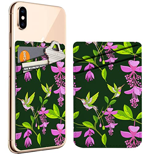 Diascia Pack of 2 - Cellphone Stick on Leather Cardholder ( Tropical Pink Flowers Hummingbird Pattern Pattern ) ID Credit Card Pouch Wallet Pocket Sleeve