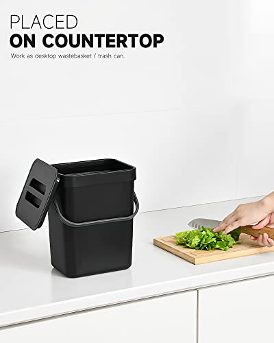 MONGTINGLU Countertop Compost Bin - 1.3 Gallons Hanging Small Trash Can with Lid for Kitchen Bathroom, Under Sink Kitchen Trash Can, Indoor Counter Compost Bucket with Lid, 5L(Black)