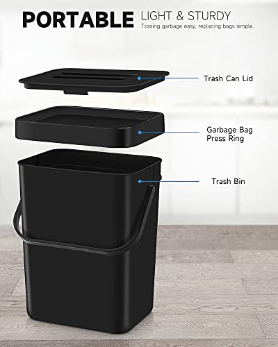 MONGTINGLU Countertop Compost Bin - 1.3 Gallons Hanging Small Trash Can with Lid for Kitchen Bathroom, Under Sink Kitchen Trash Can, Indoor Counter Compost Bucket with Lid, 5L(Black)