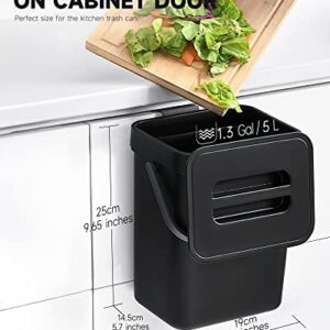 MONGTINGLU Countertop Compost Bin - 1.3 Gallons Hanging Small Trash Can with Lid for Kitchen Bathroom, Under Sink Kitchen Trash Can, Indoor Counter Compost Bucket with Lid, 5L(Black)