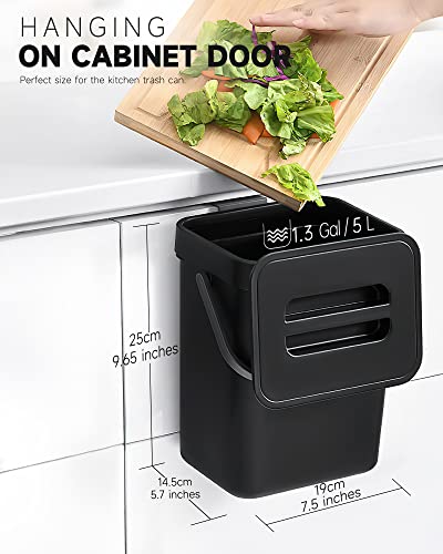 MONGTINGLU Countertop Compost Bin - 1.3 Gallons Hanging Small Trash Can with Lid for Kitchen Bathroom, Under Sink Kitchen Trash Can, Indoor Counter Compost Bucket with Lid, 5L(Black)