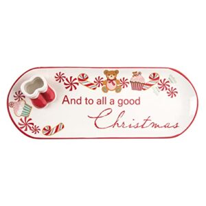 one holiday way 14-inch decorative white and red ceramic christmas appetizer dessert serving dish with santa boots toothpick holder - winter serveware platter tray for treats, xmas parties, kitchen