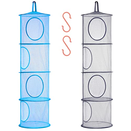 WOTEER Foldable Hanging Storage Mesh Space Saver Bags Organizer,Suspension Storage 3 or 4 Compartments Hanging Stuffed Animal Storage for Kids,2Pack (4 Tier-Blue and Gray)