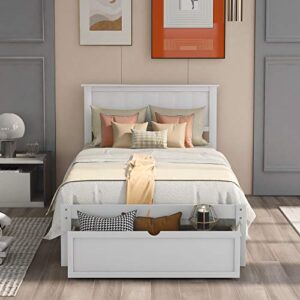 pphome twin size platform bed with under-bed drawer, solid wood platform bed frame with headboard and footboard/no box spring needed/easy assembly for kids teens bedroom, white