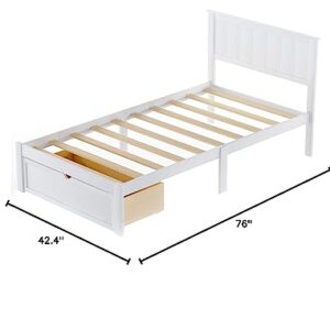 PPHOME Twin Size Platform Bed with Under-Bed Drawer, Solid Wood Platform Bed Frame with Headboard and Footboard/No Box Spring Needed/Easy Assembly for Kids Teens Bedroom, White