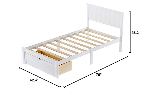 PPHOME Twin Size Platform Bed with Under-Bed Drawer, Solid Wood Platform Bed Frame with Headboard and Footboard/No Box Spring Needed/Easy Assembly for Kids Teens Bedroom, White