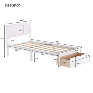 PPHOME Twin Size Platform Bed with Under-Bed Drawer, Solid Wood Platform Bed Frame with Headboard and Footboard/No Box Spring Needed/Easy Assembly for Kids Teens Bedroom, White