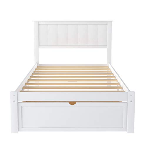 PPHOME Twin Size Platform Bed with Under-Bed Drawer, Solid Wood Platform Bed Frame with Headboard and Footboard/No Box Spring Needed/Easy Assembly for Kids Teens Bedroom, White