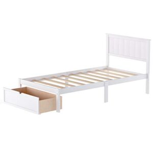 PPHOME Twin Size Platform Bed with Under-Bed Drawer, Solid Wood Platform Bed Frame with Headboard and Footboard/No Box Spring Needed/Easy Assembly for Kids Teens Bedroom, White