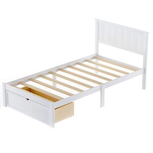 PPHOME Twin Size Platform Bed with Under-Bed Drawer, Solid Wood Platform Bed Frame with Headboard and Footboard/No Box Spring Needed/Easy Assembly for Kids Teens Bedroom, White