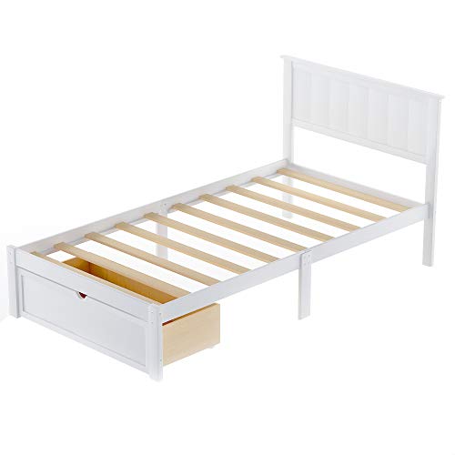 PPHOME Twin Size Platform Bed with Under-Bed Drawer, Solid Wood Platform Bed Frame with Headboard and Footboard/No Box Spring Needed/Easy Assembly for Kids Teens Bedroom, White