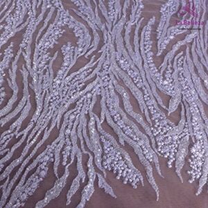 Popular La Belleza Beaded lace Fabric 51" Width Simple Irregular Curve Easy for Cut Wedding Dress lace Fabric 1 Yard/Piece in Pure White Color