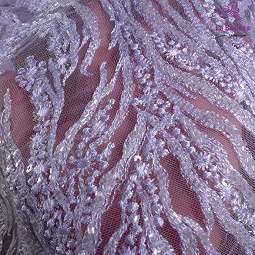 Popular La Belleza Beaded lace Fabric 51" Width Simple Irregular Curve Easy for Cut Wedding Dress lace Fabric 1 Yard/Piece in Pure White Color