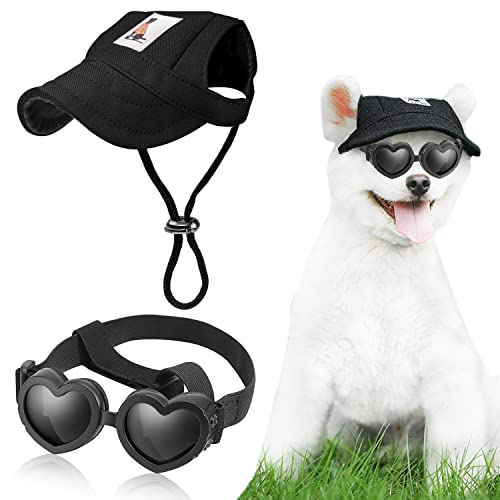 Small Dog Hat Baseball Cap Sun Hat with Ear Holes + Pet Dog Sunglasses Goggles Heart Shape Eye Wear,Sun/UV Protection Adjustable Strap Waterproof Outdoor Party Birthday for Small Dog (Medium, Black)