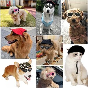 Small Dog Hat Baseball Cap Sun Hat with Ear Holes + Pet Dog Sunglasses Goggles Heart Shape Eye Wear,Sun/UV Protection Adjustable Strap Waterproof Outdoor Party Birthday for Small Dog (Medium, Black)