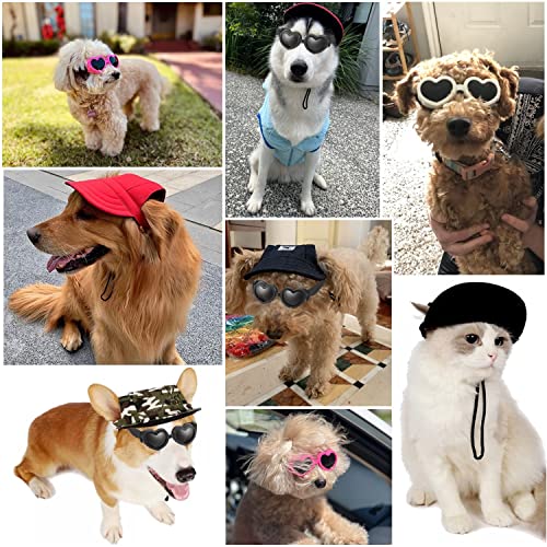 Small Dog Hat Baseball Cap Sun Hat with Ear Holes + Pet Dog Sunglasses Goggles Heart Shape Eye Wear,Sun/UV Protection Adjustable Strap Waterproof Outdoor Party Birthday for Small Dog (Medium, Black)