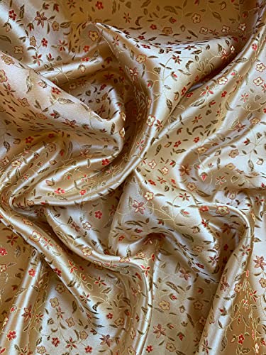 New Fabrics Daily Vivienne Gold RED Floral Brocade Chinese Satin Fabric by The Yard - 10041, Yard (45x36'')