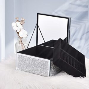 momngne bling crystal silver crushed diamond glass mirrored jewelry box, organizer display storage case for rings earrings necklace, jewelry boxes for women