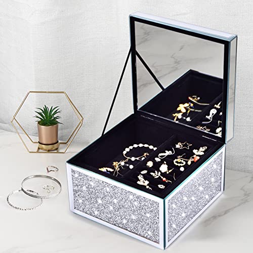 MOMNGNE Bling Crystal Silver Crushed Diamond Glass Mirrored Jewelry Box, Organizer Display Storage Case for Rings Earrings Necklace, Jewelry Boxes for Women