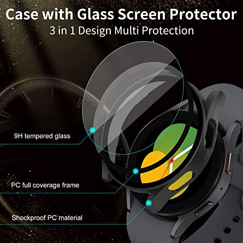 [3 Pack] Galaxy Watch 5/Galaxy Watch 4 40mm Screen Protector with Tempered Glass, QIBOX Hard PC Bumper Protective Case Face Cover Accessories Compatible with Samsung Galaxy Watch5 / Watch4