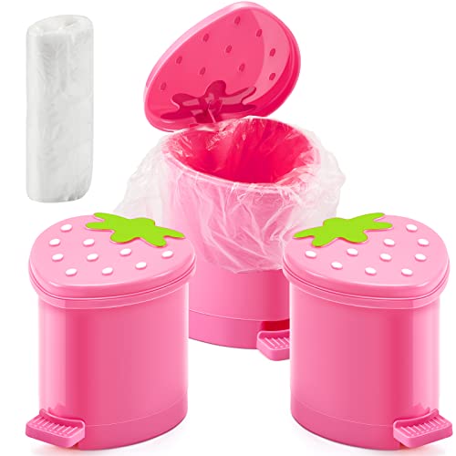 3 Pcs Strawberry Trash Can with 100 Pieces of Trash Bags Cute Trash Can Desktop Trash Can Mini Pink Pop up Garbage Can Strawberry Countertop Wastebasket for Desk Bathroom Bedroom Kitchen Office