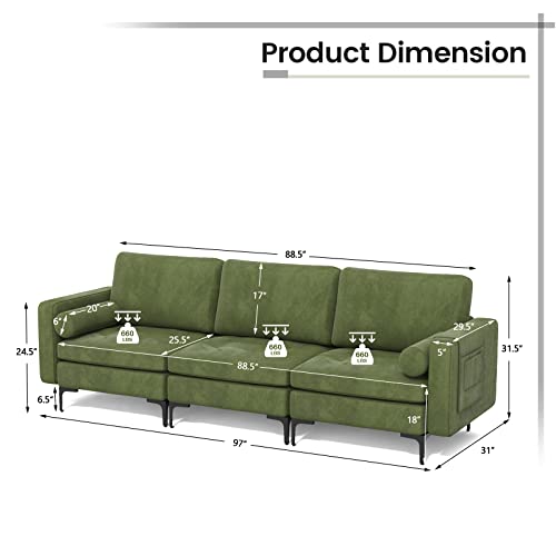 Giantex Sectional Sofa Couch, 3-Seater Modular Sleeper with Thick Cushion, 2 Bolsters, Armrest Magazine Pocket, Metal Legs, Modern Mid Century for Living Room Reception Bedroom Office