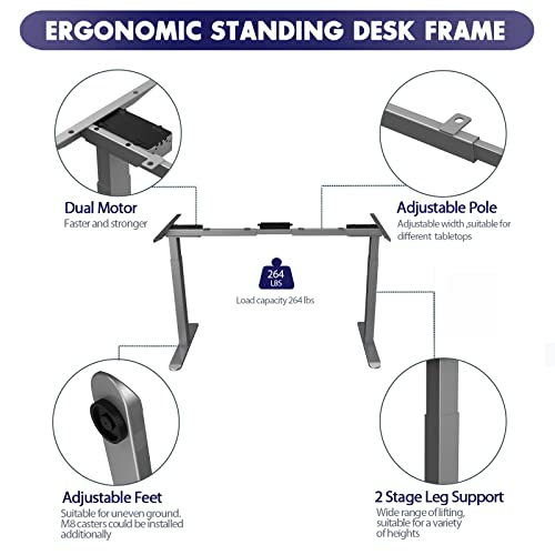 ERGOMORE Dual Motor Standing Desk Frame, Adjustable Height Desk Frame, Electric Standing Desk Frame, Standing Desk Legs with 3 Height Memory Presets and USB Ports (Gray Frame)