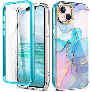 Turquiase Compatible for iPhone 14 Plus Case 6.7 inch (2022 Release), Slim Full-Body Stylish Shockproof Protective Rugged TPU Case with Built-in Screen Protector（Marble）