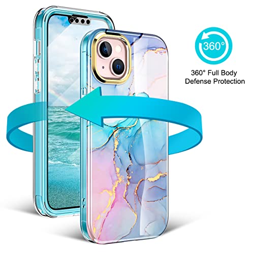 Turquiase Compatible for iPhone 14 Plus Case 6.7 inch (2022 Release), Slim Full-Body Stylish Shockproof Protective Rugged TPU Case with Built-in Screen Protector（Marble）