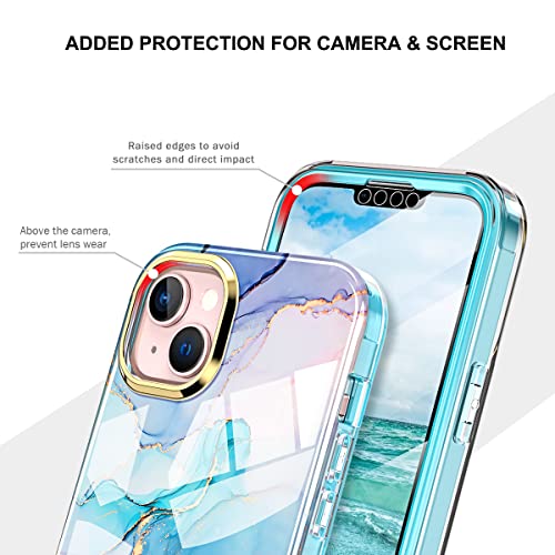 Turquiase Compatible for iPhone 14 Plus Case 6.7 inch (2022 Release), Slim Full-Body Stylish Shockproof Protective Rugged TPU Case with Built-in Screen Protector（Marble）