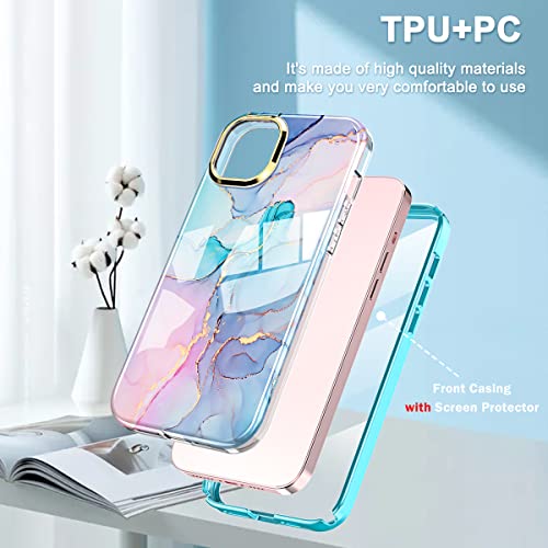 Turquiase Compatible for iPhone 14 Plus Case 6.7 inch (2022 Release), Slim Full-Body Stylish Shockproof Protective Rugged TPU Case with Built-in Screen Protector（Marble）