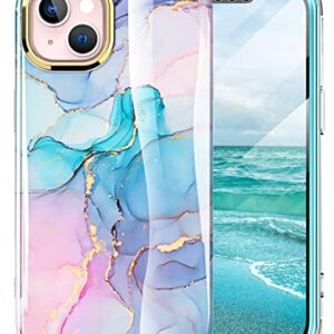 Turquiase Compatible for iPhone 14 Plus Case 6.7 inch (2022 Release), Slim Full-Body Stylish Shockproof Protective Rugged TPU Case with Built-in Screen Protector（Marble）