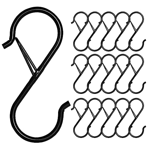 FSAH 17 Pcs S Hooks for Hanging, Heavy Duty S Shaped Hooks with Safety Buckle Design, Kitchen Hooks, Closet Rod S Hanger Hooks for Plants, Pots, Towels and Bags, Black 3.5 Inch