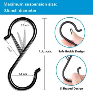 FSAH 17 Pcs S Hooks for Hanging, Heavy Duty S Shaped Hooks with Safety Buckle Design, Kitchen Hooks, Closet Rod S Hanger Hooks for Plants, Pots, Towels and Bags, Black 3.5 Inch