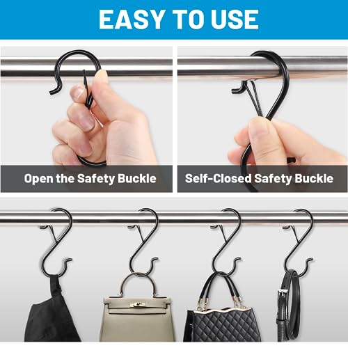 FSAH 17 Pcs S Hooks for Hanging, Heavy Duty S Shaped Hooks with Safety Buckle Design, Kitchen Hooks, Closet Rod S Hanger Hooks for Plants, Pots, Towels and Bags, Black 3.5 Inch