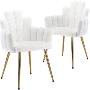 set of 2 sherpa side chairs, 17'' wide mid century modern arm chair for living room/dining room, with gold finish legs, white