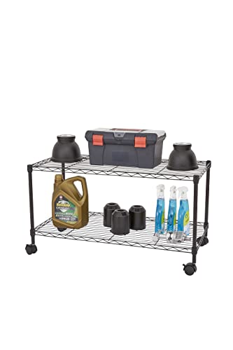 XYZTech Rolling 2-Tier Storage Shelf on Wheels Classic Wire Standing Shelving Units Utility Organizer Wire Rack with Lockable Casters for Kitchen, Garage, Bathroom, Laundry Storage (Black, 2-Tier)