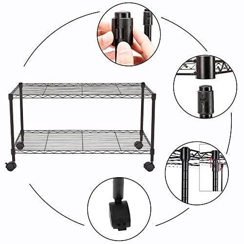 XYZTech Rolling 2-Tier Storage Shelf on Wheels Classic Wire Standing Shelving Units Utility Organizer Wire Rack with Lockable Casters for Kitchen, Garage, Bathroom, Laundry Storage (Black, 2-Tier)