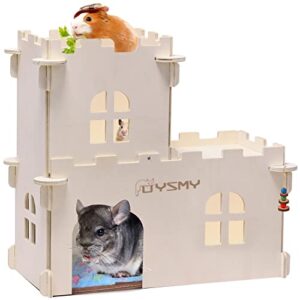 oysmy 2-storey castle chinchilla hideout, wooden chinchilla house with windows doors, guinea pig hide, hamster hut, small animal habitat for guinea pig, hamster, chinchilla, squirrel, gerbil