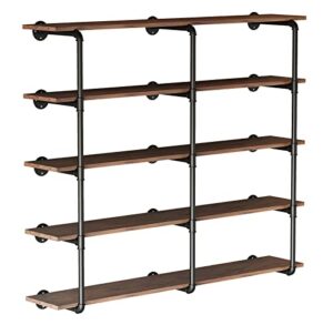 lbslmjb industrial iron pipe shelving 5-story rustic black diy open pipe shelves with wood planks bookshelf, wall mount hanging steampunk storage office room kitchen shelves