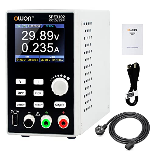 OWON SPE3102 Programmable Lab Power Supply (0-30V 0-10 A), 200w Bench DC Power Supply with 2.8inch LCD Display and Output Enable/Disable Button,Single Channel Output with PC Software and USB Charging