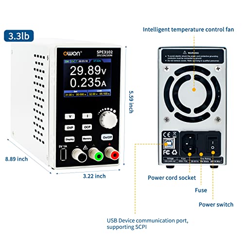 OWON SPE3102 Programmable Lab Power Supply (0-30V 0-10 A), 200w Bench DC Power Supply with 2.8inch LCD Display and Output Enable/Disable Button,Single Channel Output with PC Software and USB Charging