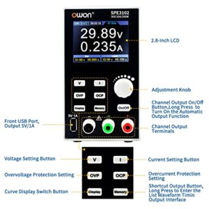 OWON SPE3102 Programmable Lab Power Supply (0-30V 0-10 A), 200w Bench DC Power Supply with 2.8inch LCD Display and Output Enable/Disable Button,Single Channel Output with PC Software and USB Charging