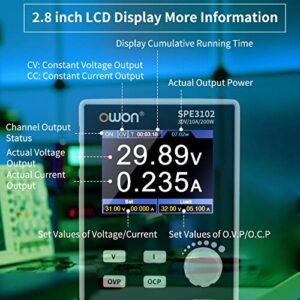 OWON SPE3102 Programmable Lab Power Supply (0-30V 0-10 A), 200w Bench DC Power Supply with 2.8inch LCD Display and Output Enable/Disable Button,Single Channel Output with PC Software and USB Charging