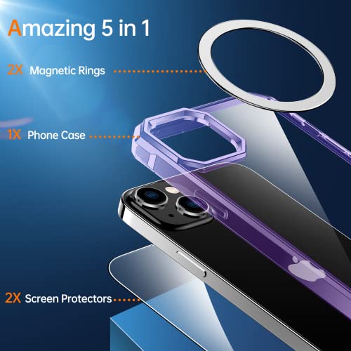 Meifigno Air Armor [5 in 1] Case Designed for iPhone 14, 2X Screen Protector + 2X Magnetic Ring [Military Grade Drop Protection], Shockproof Case Designed for iPhone 14, 6.1 inch 2022, Crystal Purple